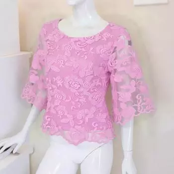 ZANZEA Женская повседневная блузка с круглым вырезом, рукавами 3/4 и кружевом свободного кроя S фиолетовый