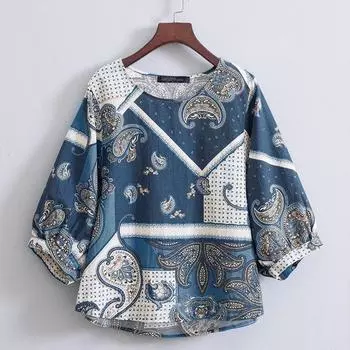 ZANZEA Женская повседневная блузка с круглым вырезом и рукавами 3/4 с принтом в стиле ретро S синий
