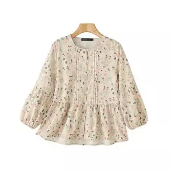 ZANZEA Женская повседневная блузка с круглым вырезом, свободным рукавом 3/4 и цветочным принтом абрикосовый