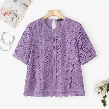 ZANZEA Женская повседневная блузка с круглым вырезом, короткими рукавами, вышивкой, кружевной отделкой и лоскутным дизайном M