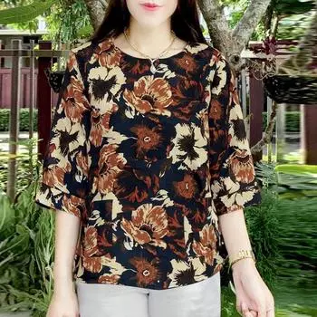 ZANZEA Женская повседневная блузка с круглым вырезом и рукавом 3/4 с принтом S