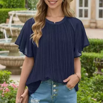 ZANZEA Женская повседневная блузка с круглым вырезом, однотонная, летняя, с коротким рукавом S