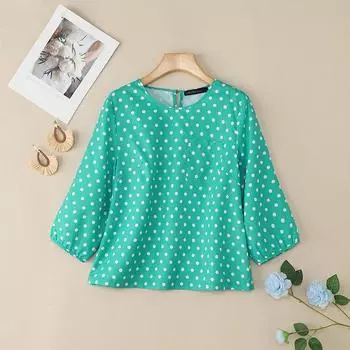 ZANZEA Женская повседневная блузка с круглым вырезом и рукавами 3/4 свободного кроя с принтом в горошек S