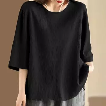 ZANZEA Женская повседневная блузка с круглым вырезом, свободного кроя, с рукавами 3/4, однотонная S чёрный