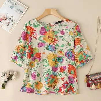 ZANZEA Женская повседневная блузка с круглым вырезом и рукавами 3/4 с цветочным принтом S абрикосовый