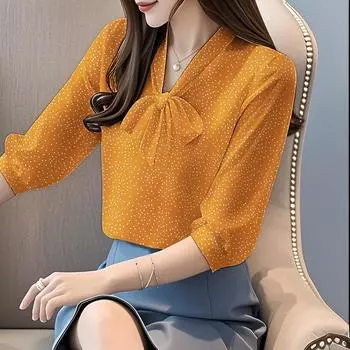 ZANZEA Женская повседневная блузка с круглым вырезом, рукавами 3/4, свободного кроя, в горошек с бантами S жёлтый