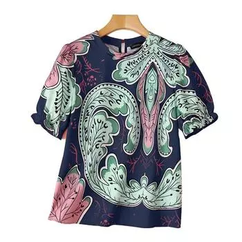 ZANZEA Женская повседневная блузка с круглым вырезом и коротким рукавом с принтом S тёмно-синий