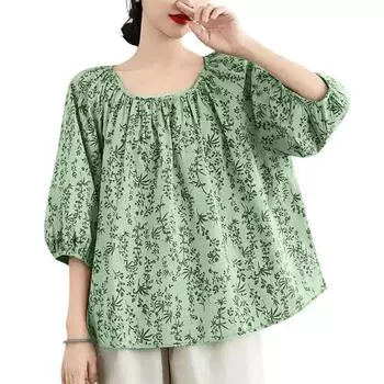 ZANZEA Женская повседневная блузка с круглым вырезом и рукавом 3/4 с принтом M зелёный