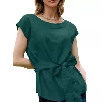 ZANZEA Женская повседневная блузка с круглым вырезом, однотонная, летняя, с коротким рукавом S зелёный