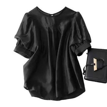 ZANZEA Женская повседневная блузка с круглым вырезом, летняя, с коротким рукавом, однотонная S чёрный