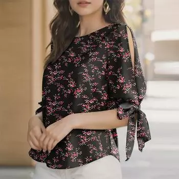 ZANZEA Женская повседневная блузка с круглым вырезом, шнуровкой, рукавом до локтя и цветочным принтом S чёрный