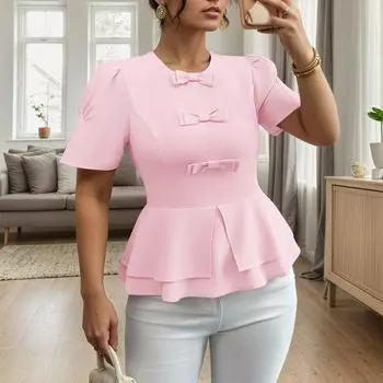 ZANZEA Женская повседневная блузка с круглым вырезом, бантами и вставками, летняя, с коротким рукавом S розовый