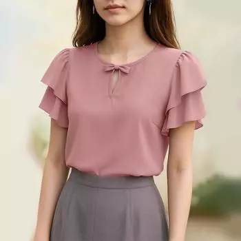 ZANZEA Женская повседневная блузка с круглым вырезом, однотонная, с рукавами-рюшами, свободного кроя S камео розовый