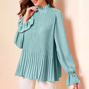 ZANZEA Женская повседневная блузка с круглым вырезом и длинным рукавом в складку S зелёный