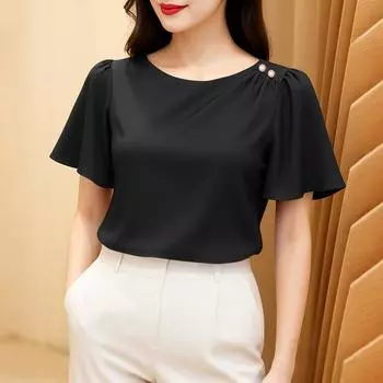 ZANZEA Женская повседневная блузка с круглым вырезом, летняя, с коротким рукавом, однотонная S чёрный