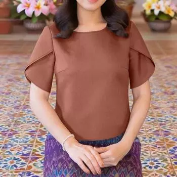 ZANZEA Женская повседневная блузка с круглым вырезом, летняя, с коротким рукавом, однотонная S камео розовый