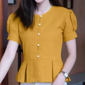 ZANZEA Женская повседневная блузка с круглым вырезом, летняя, с коротким рукавом, однотонная S жёлтый