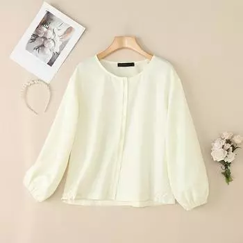 ZANZEA Женская повседневная блузка с круглым вырезом, свободного кроя, с длинным рукавом, однотонная S бежевый