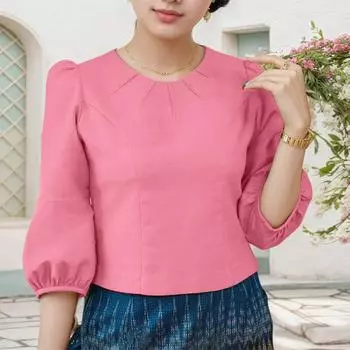 ZANZEA Женская повседневная блузка с круглым вырезом, однотонная, с рукавами 3/4 S розовый