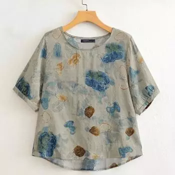 ZANZEA Женская повседневная блузка с круглым вырезом, свободного кроя, с цветочным принтом и короткими рукавами S абрикосовый