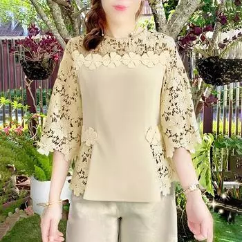 ZANZEA Женская повседневная блузка с круглым вырезом, рукавами 3/4, свободного кроя, пэчворк, кружевная вязка крючком M хаки
