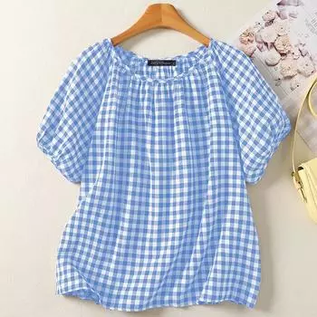 ZANZEA Женская повседневная блузка с круглым вырезом, короткими рукавами и свободным принтом в клетку 3XL