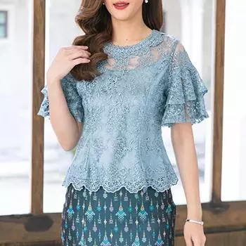 ZANZEA Женская повседневная блузка с круглым вырезом и коротким рукавом в стиле пэчворк из кружева S синий