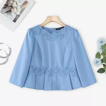 ZANZEA Женская повседневная блузка с круглым вырезом и короткими рукавами, в стиле пэчворк из кроше, на лето S синий