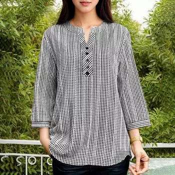 ZANZEA Женская повседневная блузка с круглым вырезом, принтом в клетку, свободным рукавом 3/4 XL