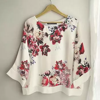 ZANZEA Женская повседневная блузка с круглым вырезом, рукавами 3/4, свободного кроя, с цветочным принтом S