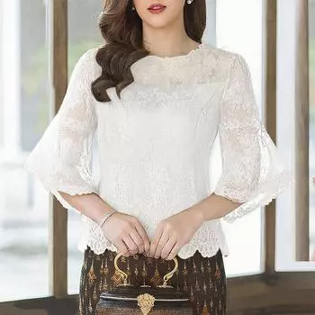 ZANZEA Женская повседневная блузка с круглым вырезом и рукавами 3/4, кружевная вставка M