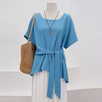 ZANZEA Женская повседневная блузка с круглым вырезом, свободного кроя, однотонная, с коротким рукавом S