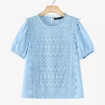 ZANZEA Женская повседневная блузка с круглым вырезом, коротким рукавом, свободного кроя, с лоскутным узором, связанным крючком S