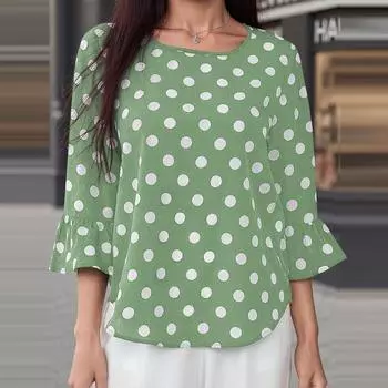 ZANZEA Женская повседневная блузка с круглым вырезом и рукавом 3/4, свободная, с принтом в горошек S зелёный