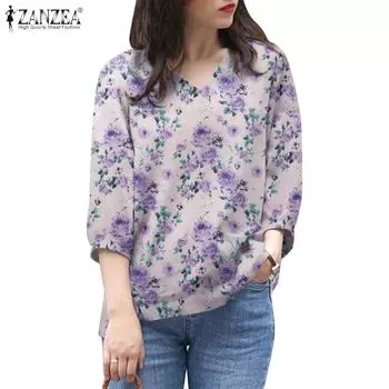 ZANZEA Женская повседневная блузка с круглым вырезом и рукавами 3/4 с цветочным принтом S фиолетовый