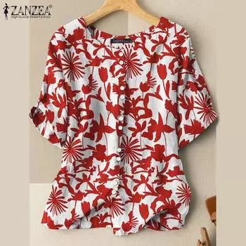 ZANZEA Женская повседневная блузка с круглым вырезом и короткими рукавами с принтом, летняя S коричневый