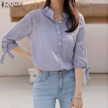ZANZEA Женская повседневная блузка с круглым вырезом в полоску и рукавами 3/4 4XL красный
