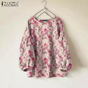 ZANZEA Женская повседневная блузка с круглым вырезом и цветочным принтом, рукав девять четвертей S фиолетовый