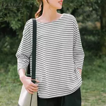 ZANZEA Женская повседневная блузка с круглым вырезом и полосатым принтом и рукавами 3/4 L белый
