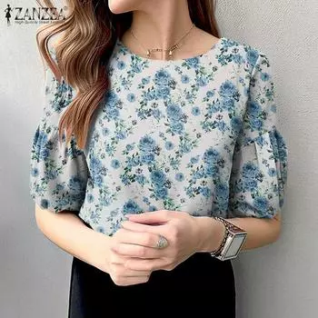 ZANZEA Женская повседневная блузка с круглым вырезом и цветочным принтом до половины рукава 5XL фиолетовый