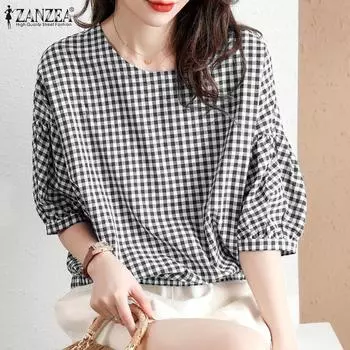 ZANZEA Женская повседневная блузка с круглым вырезом и половиной рукавов в клетку с принтом 3XL чёрный