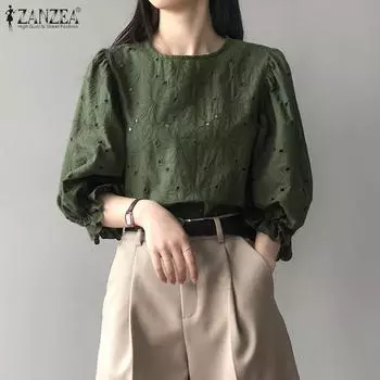 ZANZEA Женская повседневная блузка с круглым вырезом и рукавами 3/4