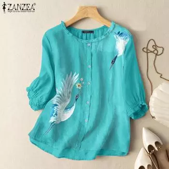 ZANZEA Женская повседневная блузка с круглым вырезом и принтом, рукавами 3/4 S красный