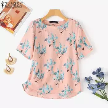 ZANZEA Женская повседневная блузка с круглым вырезом и принтом до половины рукава S чёрный