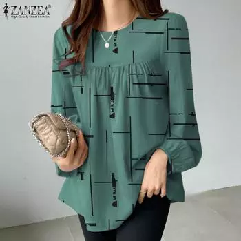 ZANZEA Женская повседневная блузка с круглым вырезом и длинными рукавами с принтом, топы S темно-зеленого