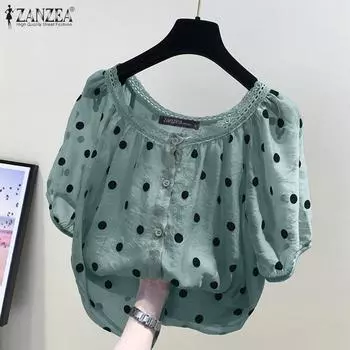 ZANZEA Женская повседневная блузка с круглым вырезом в горошек и короткими рукавами с принтом S белый