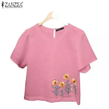 ZANZEA Женская повседневная блузка с круглым вырезом и цветочной вышивкой, с половиной рукавов S белый