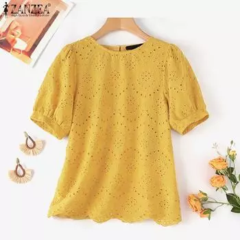 ZANZEA Женская повседневная блузка с круглым вырезом и короткими рукавами 4XL