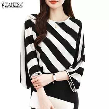 ZANZEA Женская повседневная блузка с круглым вырезом и полосатым принтом и рукавами 3/4 M жёлтый