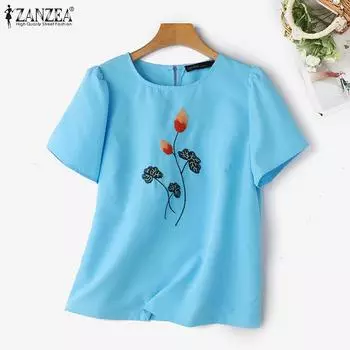 ZANZEA Женская повседневная блузка с круглым вырезом и короткими рукавами с вышивкой 2XL синий